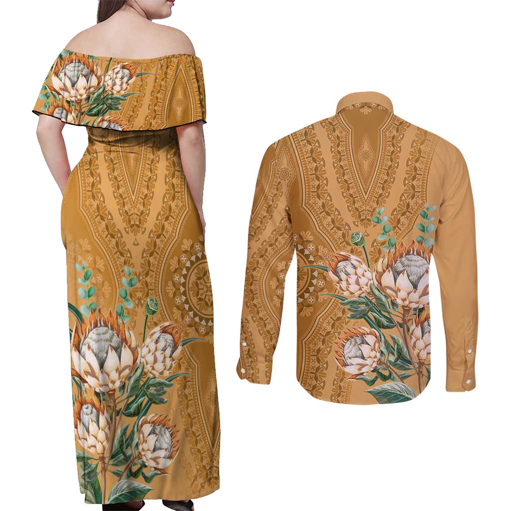 Africa King Proteas Dashiki Motif Couples Matching Off Shoulder Maxi Dress and Long Sleeve Button Shirt Gold Style LT9 - Wonder Print Shop