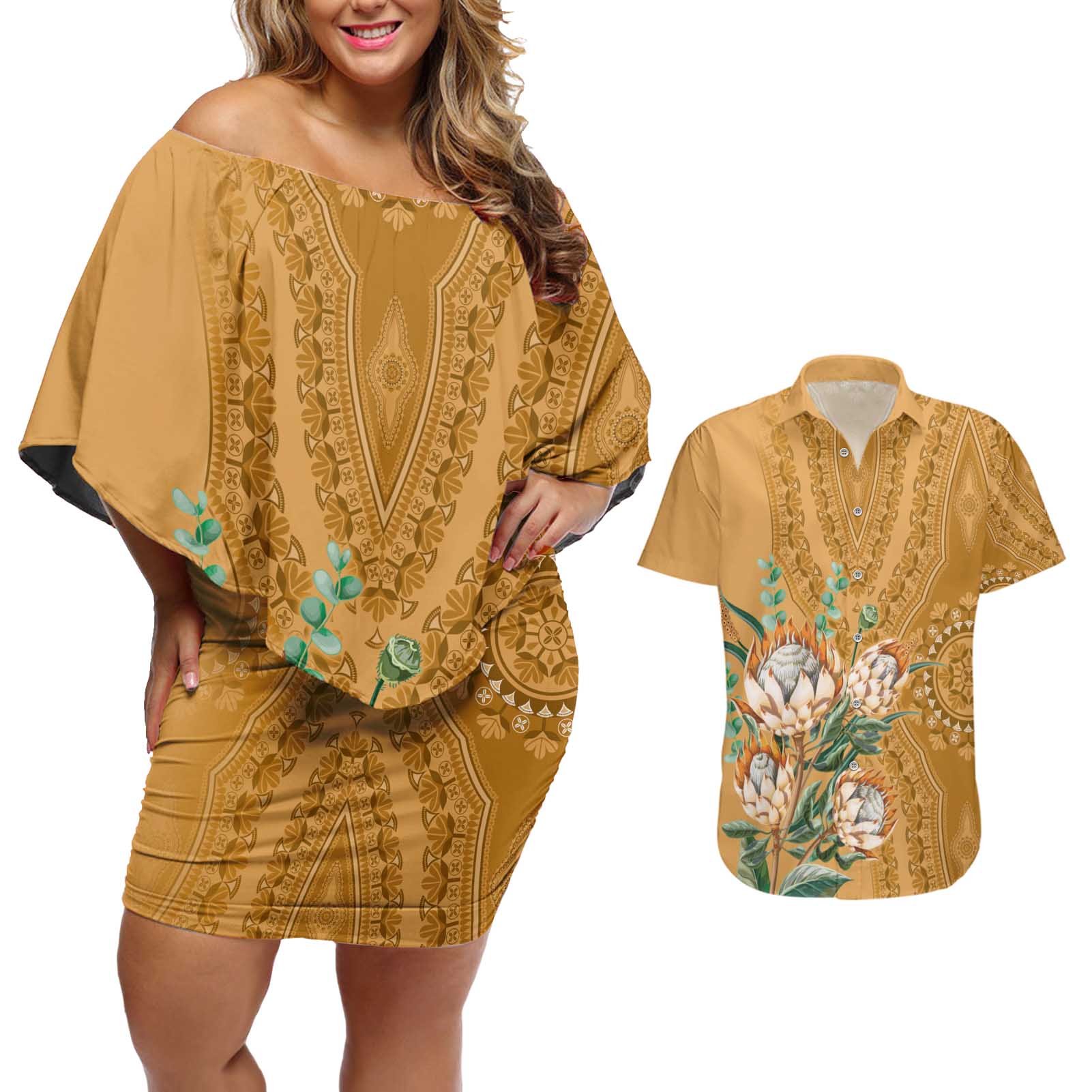 Africa King Proteas Dashiki Motif Couples Matching Off Shoulder Short Dress and Hawaiian Shirt Gold Style LT9 - Wonder Print Shop