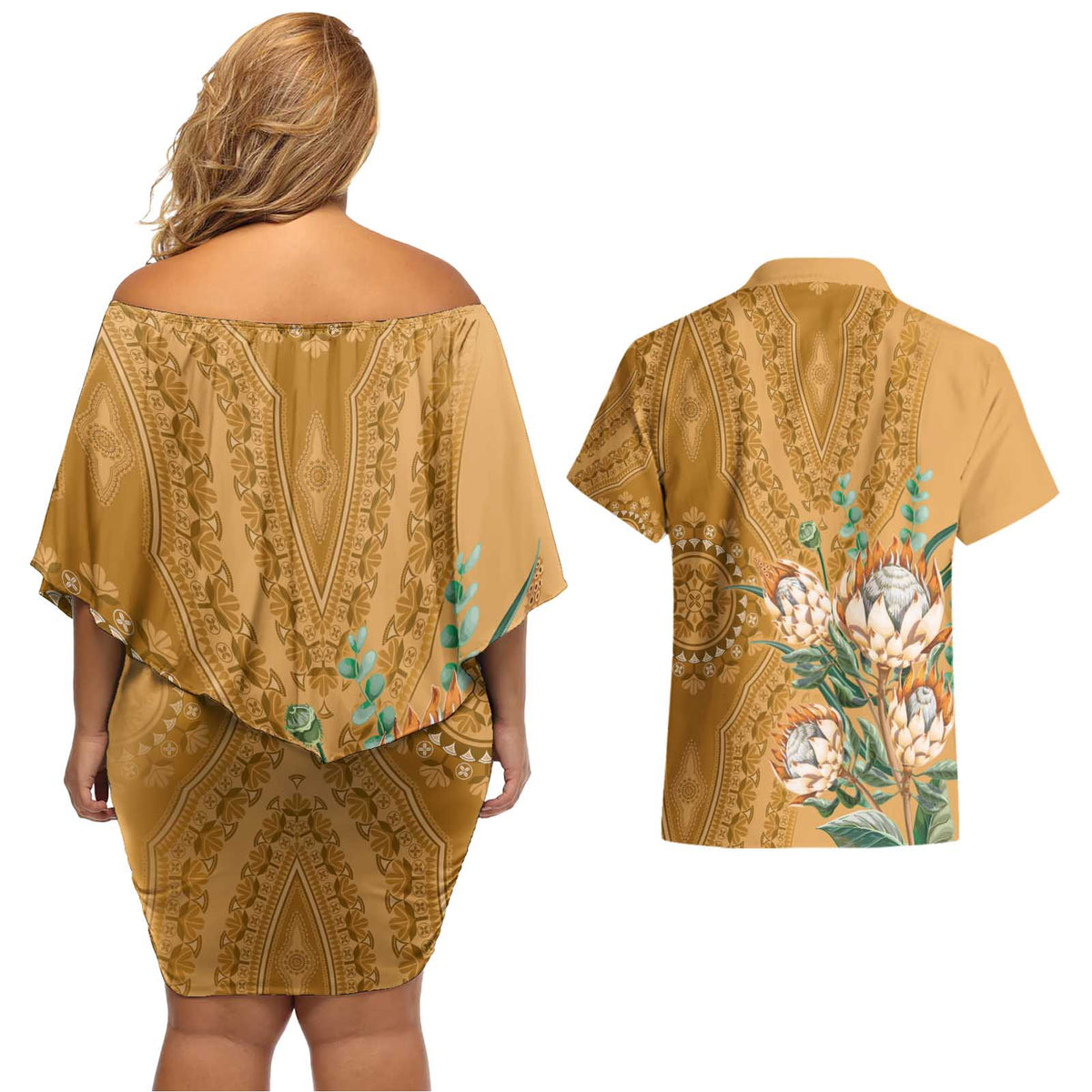 Africa King Proteas Dashiki Motif Couples Matching Off Shoulder Short Dress and Hawaiian Shirt Gold Style LT9 - Wonder Print Shop