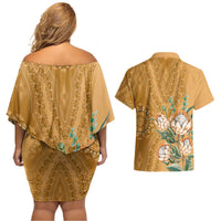 Africa King Proteas Dashiki Motif Couples Matching Off Shoulder Short Dress and Hawaiian Shirt Gold Style LT9 - Wonder Print Shop