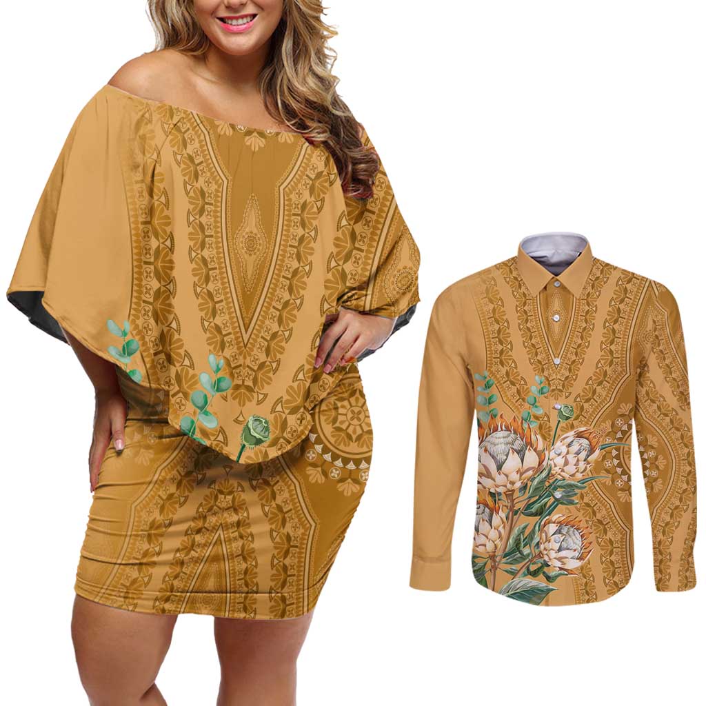 Africa King Proteas Dashiki Motif Couples Matching Off Shoulder Short Dress and Long Sleeve Button Shirt Gold Style LT9 - Wonder Print Shop