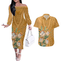 Africa King Proteas Dashiki Motif Couples Matching Off The Shoulder Long Sleeve Dress and Hawaiian Shirt Gold Style LT9 - Wonder Print Shop