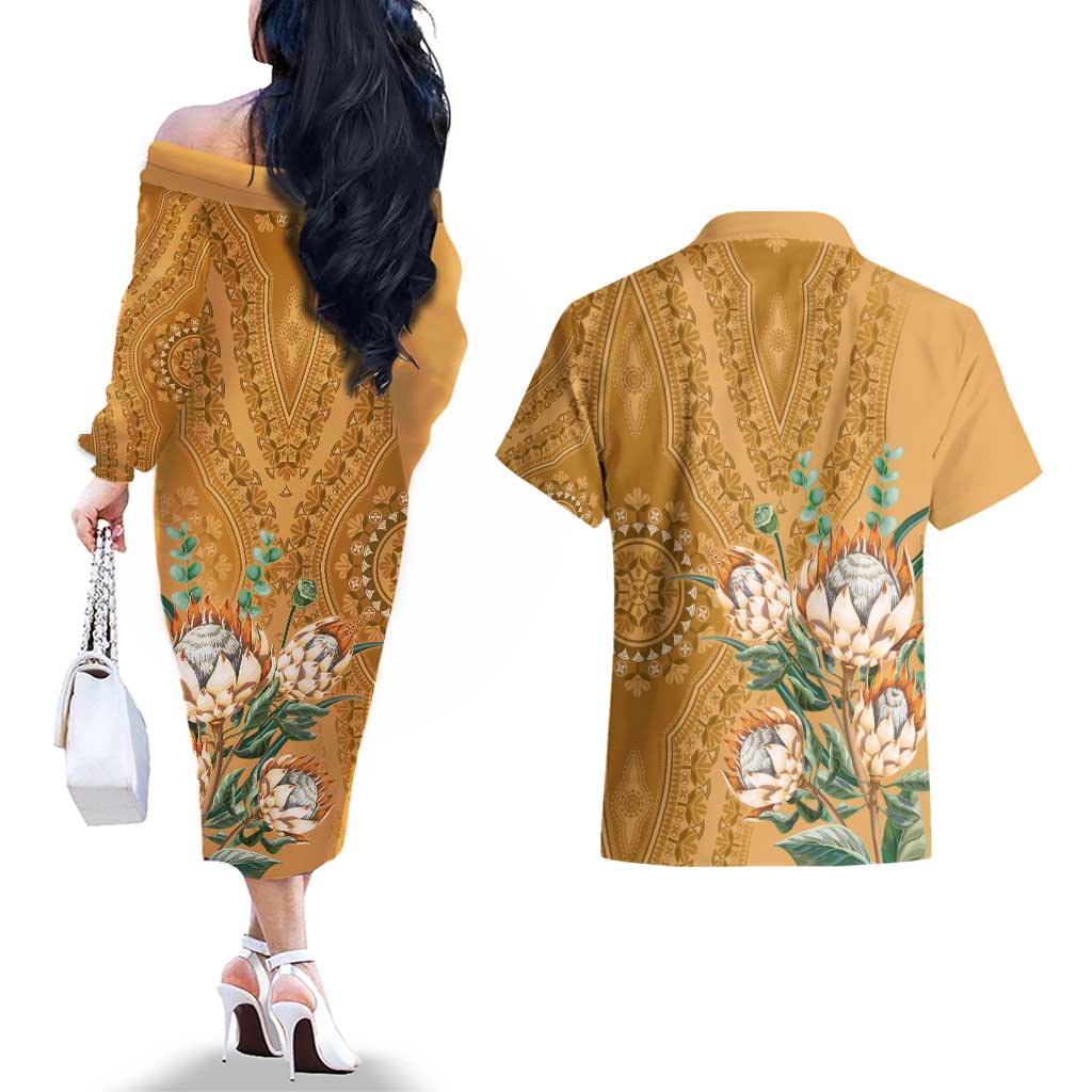 Africa King Proteas Dashiki Motif Couples Matching Off The Shoulder Long Sleeve Dress and Hawaiian Shirt Gold Style LT9 - Wonder Print Shop