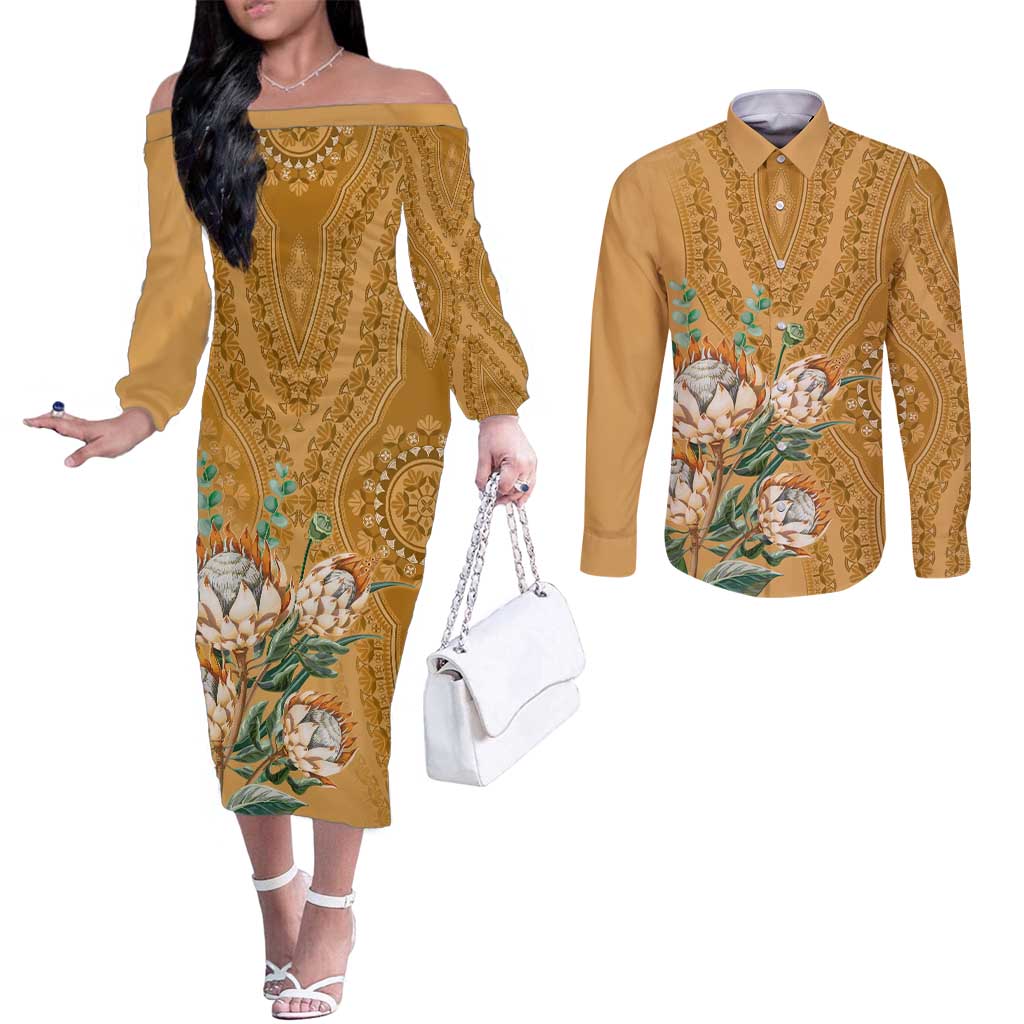 Africa King Proteas Dashiki Motif Couples Matching Off The Shoulder Long Sleeve Dress and Long Sleeve Button Shirt Gold Style