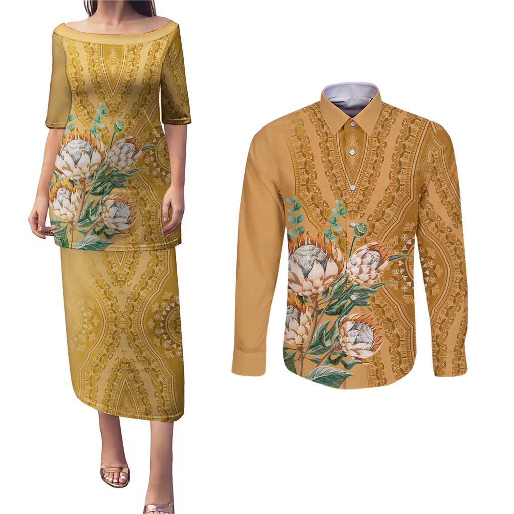 Africa King Proteas Dashiki Motif Couples Matching Puletasi and Long Sleeve Button Shirt Gold Style LT9 - Wonder Print Shop