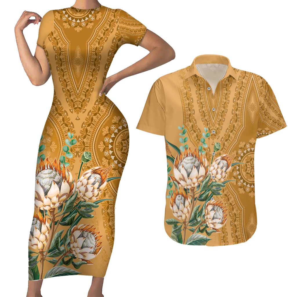 Africa King Proteas Dashiki Motif Couples Matching Short Sleeve Bodycon Dress and Hawaiian Shirt Gold Style LT9 - Wonder Print Shop