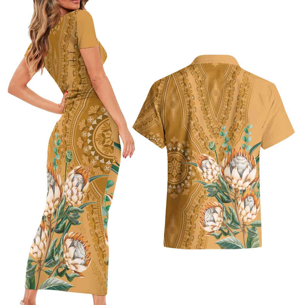 Africa King Proteas Dashiki Motif Couples Matching Short Sleeve Bodycon Dress and Hawaiian Shirt Gold Style LT9 - Wonder Print Shop