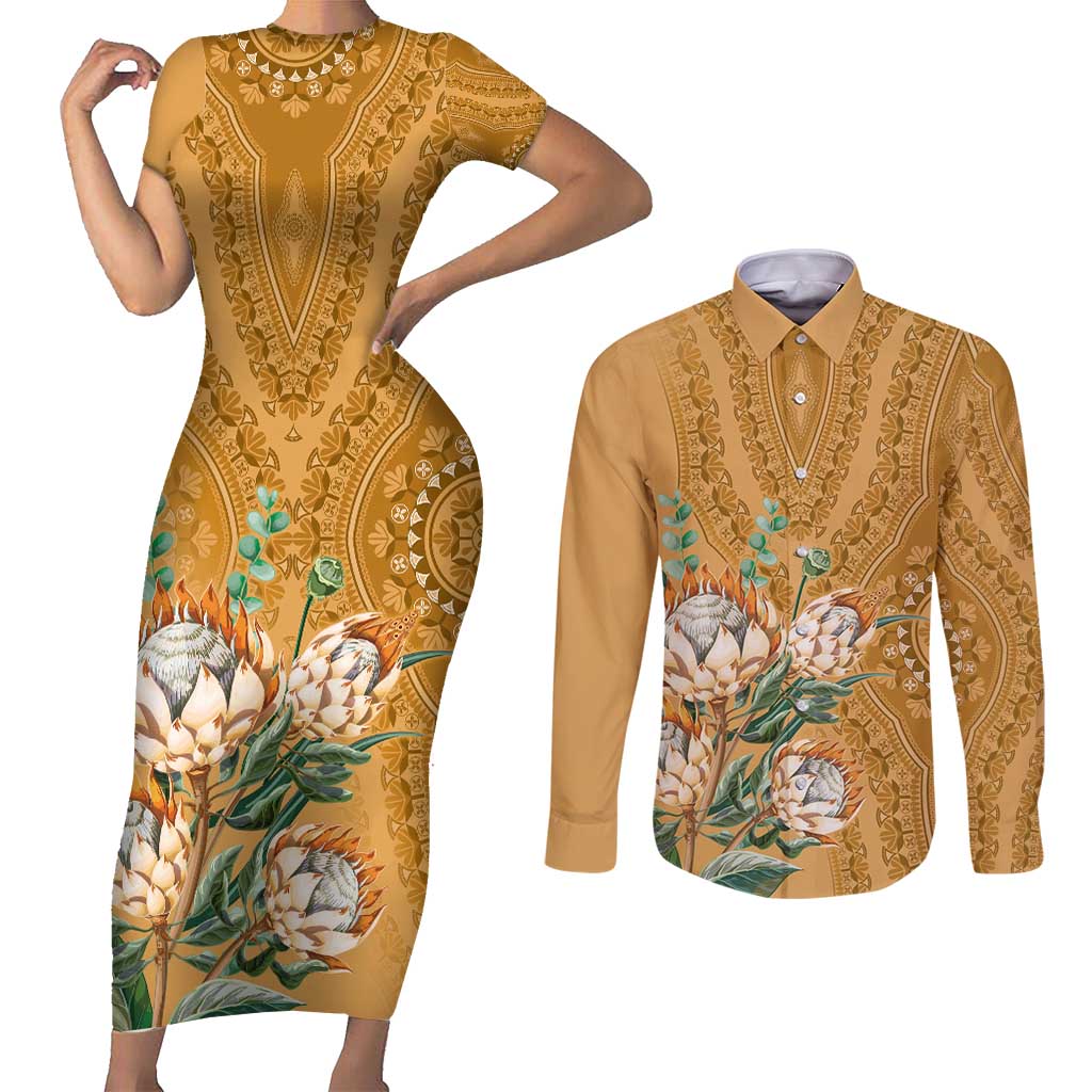 Africa King Proteas Dashiki Motif Couples Matching Short Sleeve Bodycon Dress and Long Sleeve Button Shirt Gold Style LT9 - Wonder Print Shop