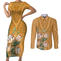 Africa King Proteas Dashiki Motif Couples Matching Short Sleeve Bodycon Dress and Long Sleeve Button Shirt Gold Style LT9 - Wonder Print Shop