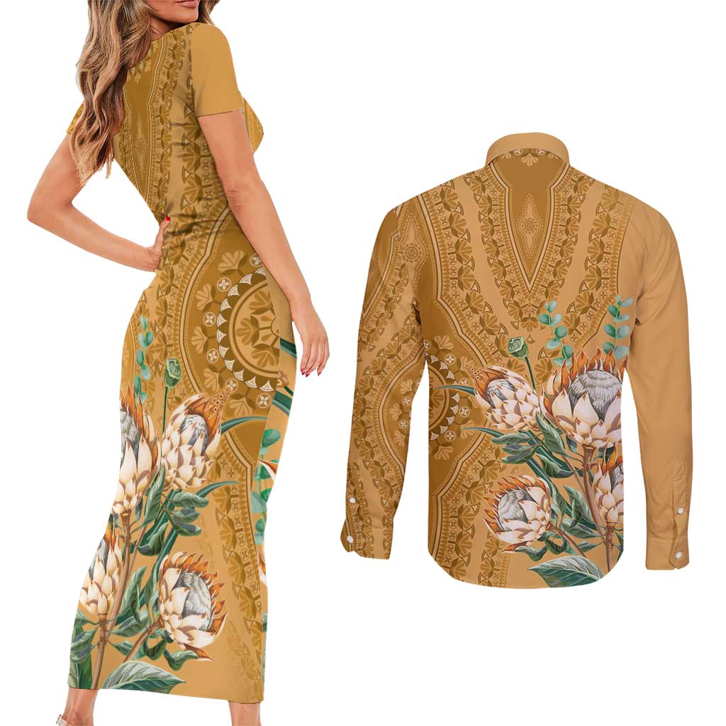 Africa King Proteas Dashiki Motif Couples Matching Short Sleeve Bodycon Dress and Long Sleeve Button Shirt Gold Style LT9 - Wonder Print Shop