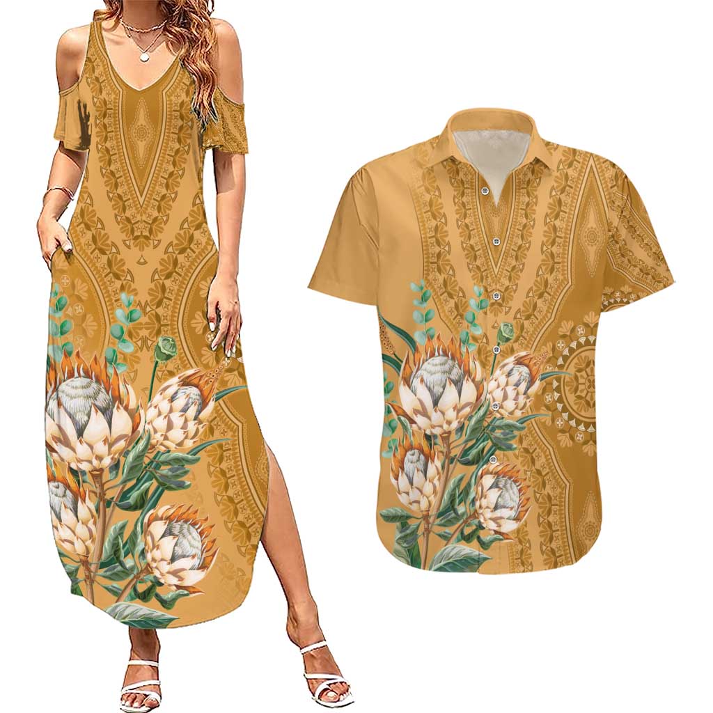 Africa King Proteas Dashiki Motif Couples Matching Summer Maxi Dress and Hawaiian Shirt Gold Style LT9 - Wonder Print Shop