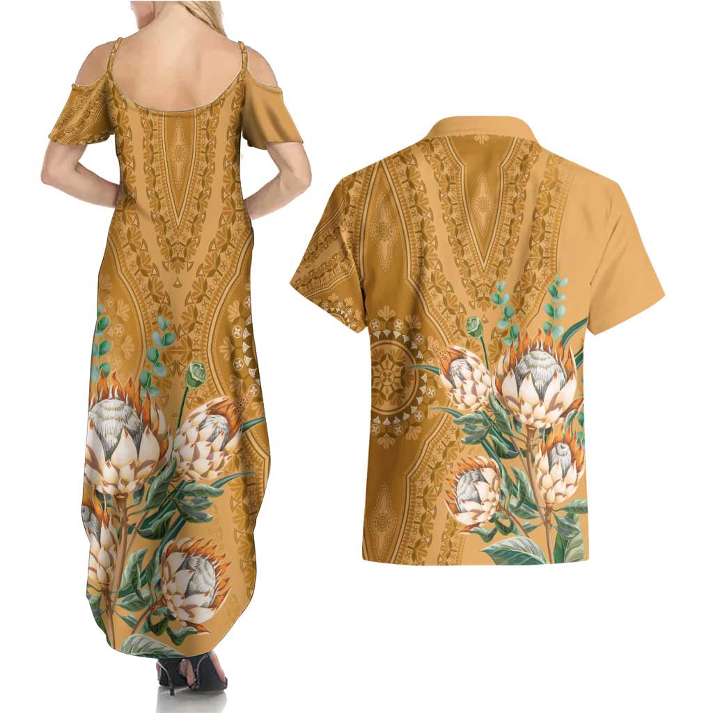 Africa King Proteas Dashiki Motif Couples Matching Summer Maxi Dress and Hawaiian Shirt Gold Style LT9 - Wonder Print Shop