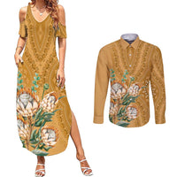 Africa King Proteas Dashiki Motif Couples Matching Summer Maxi Dress and Long Sleeve Button Shirt Gold Style LT9 - Wonder Print Shop