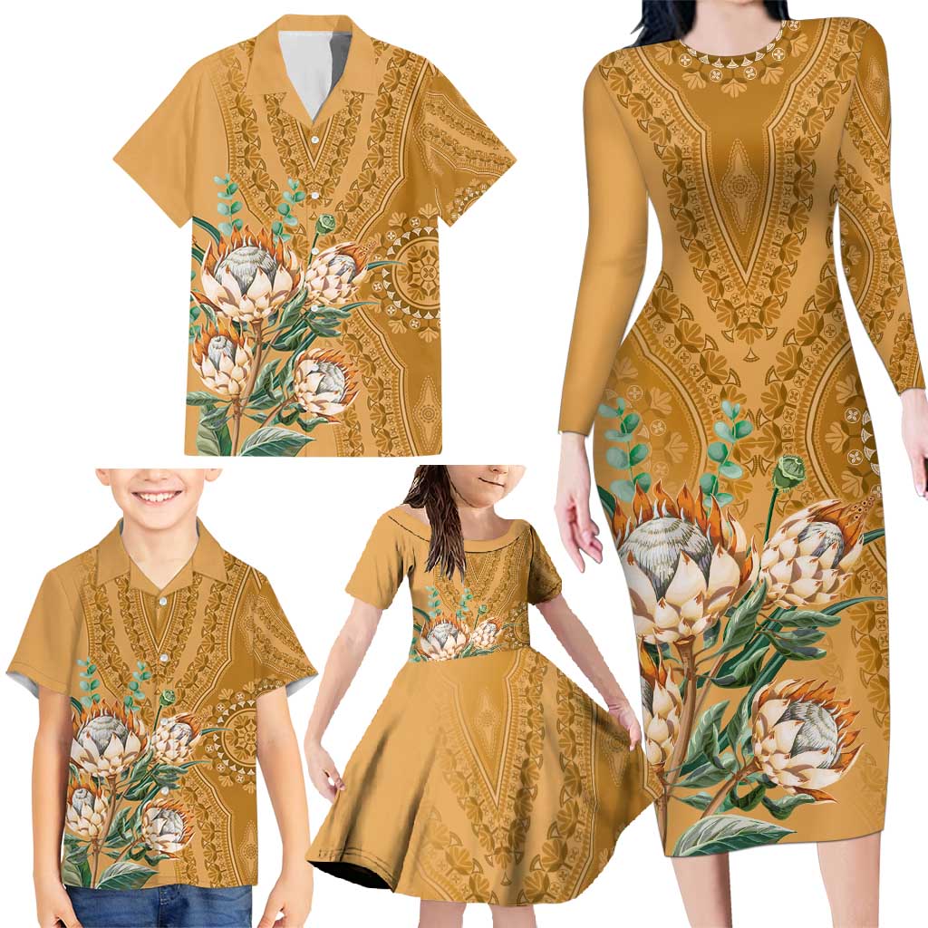 Africa King Proteas Dashiki Motif Family Matching Long Sleeve Bodycon Dress and Hawaiian Shirt Gold Style LT9 - Wonder Print Shop