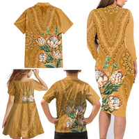 Africa King Proteas Dashiki Motif Family Matching Long Sleeve Bodycon Dress and Hawaiian Shirt Gold Style LT9 - Wonder Print Shop