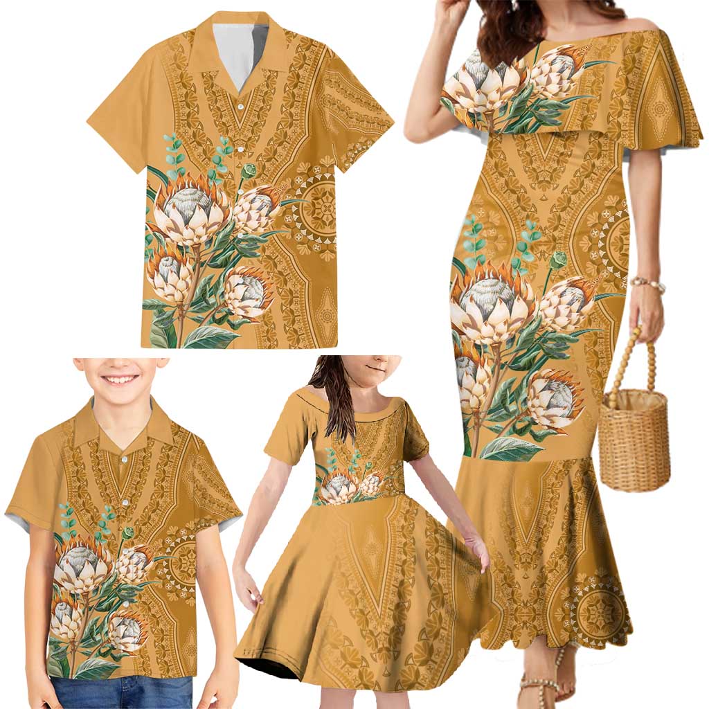 Africa King Proteas Dashiki Motif Family Matching Mermaid Dress and Hawaiian Shirt Gold Style LT9 - Wonder Print Shop