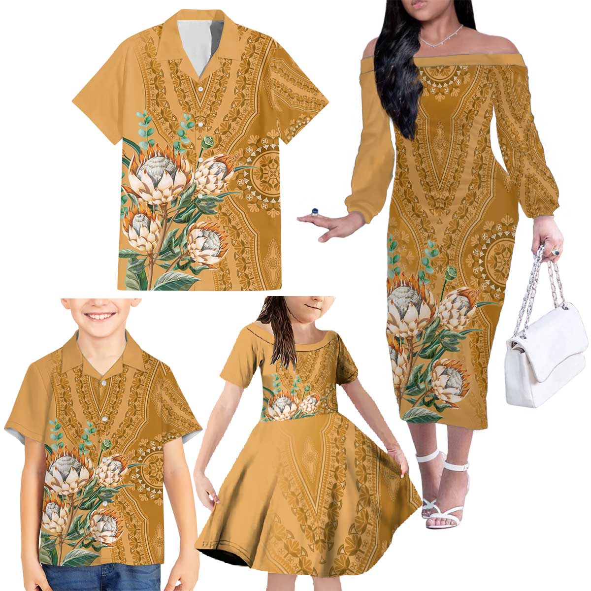 Africa King Proteas Dashiki Motif Family Matching Off The Shoulder Long Sleeve Dress and Hawaiian Shirt Gold Style - Wonder Print Shop