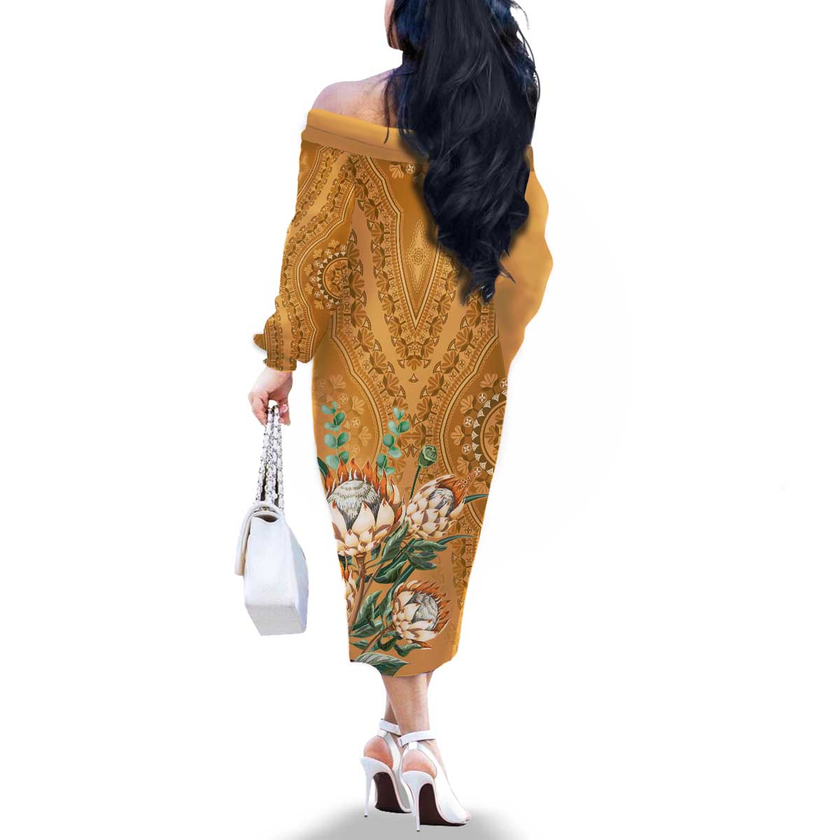 Africa King Proteas Dashiki Motif Family Matching Off The Shoulder Long Sleeve Dress and Hawaiian Shirt Gold Style - Wonder Print Shop