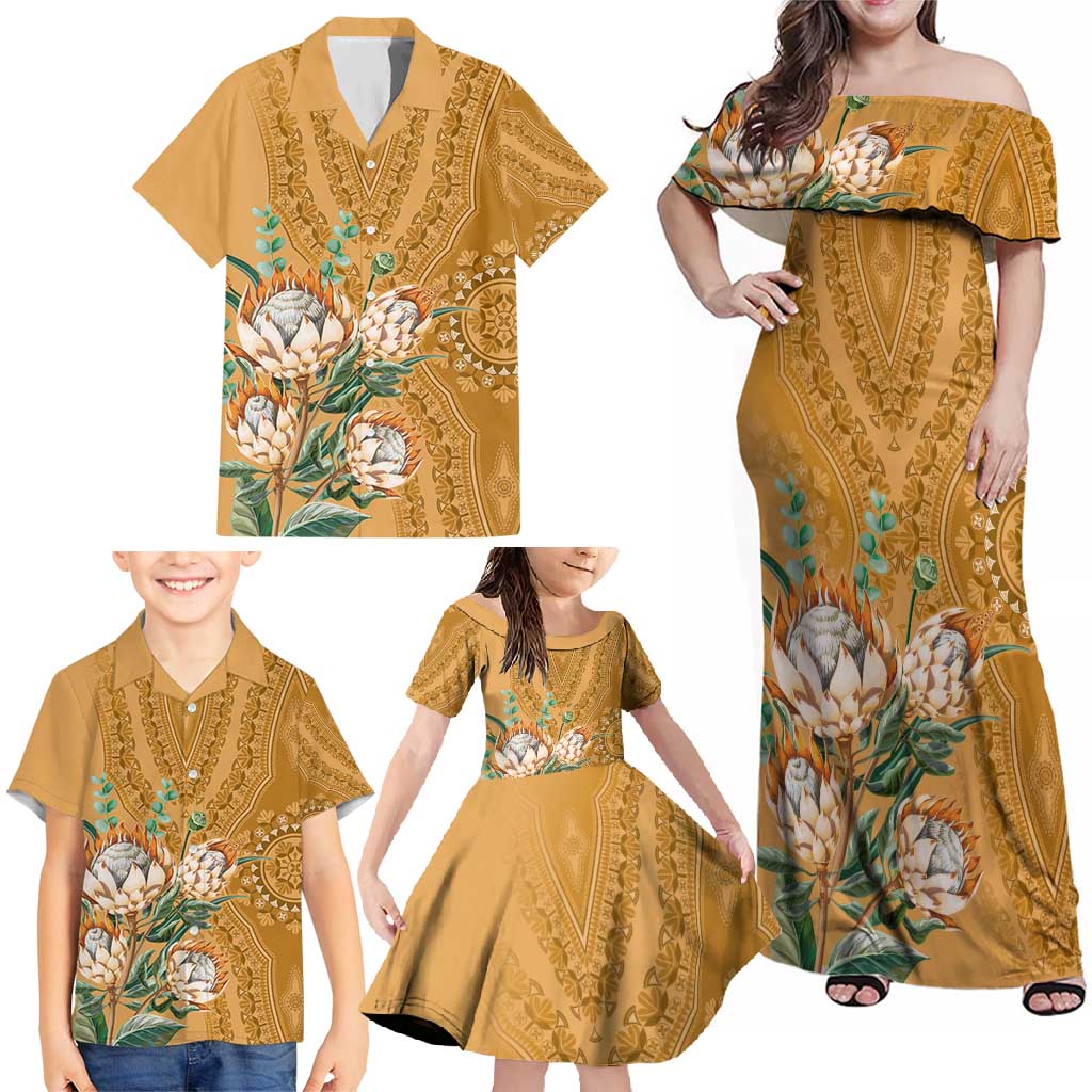 Africa King Proteas Dashiki Motif Family Matching Off Shoulder Maxi Dress and Hawaiian Shirt Gold Style LT9 - Wonder Print Shop