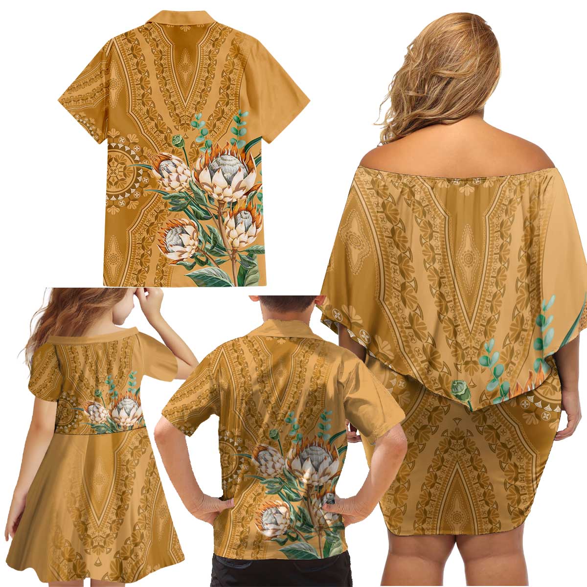 Africa King Proteas Dashiki Motif Family Matching Off Shoulder Short Dress and Hawaiian Shirt Gold Style LT9 - Wonder Print Shop