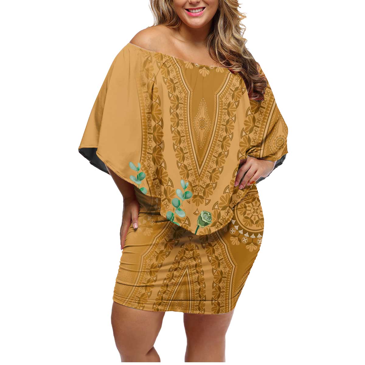 Africa King Proteas Dashiki Motif Family Matching Off Shoulder Short Dress and Hawaiian Shirt Gold Style LT9 - Wonder Print Shop