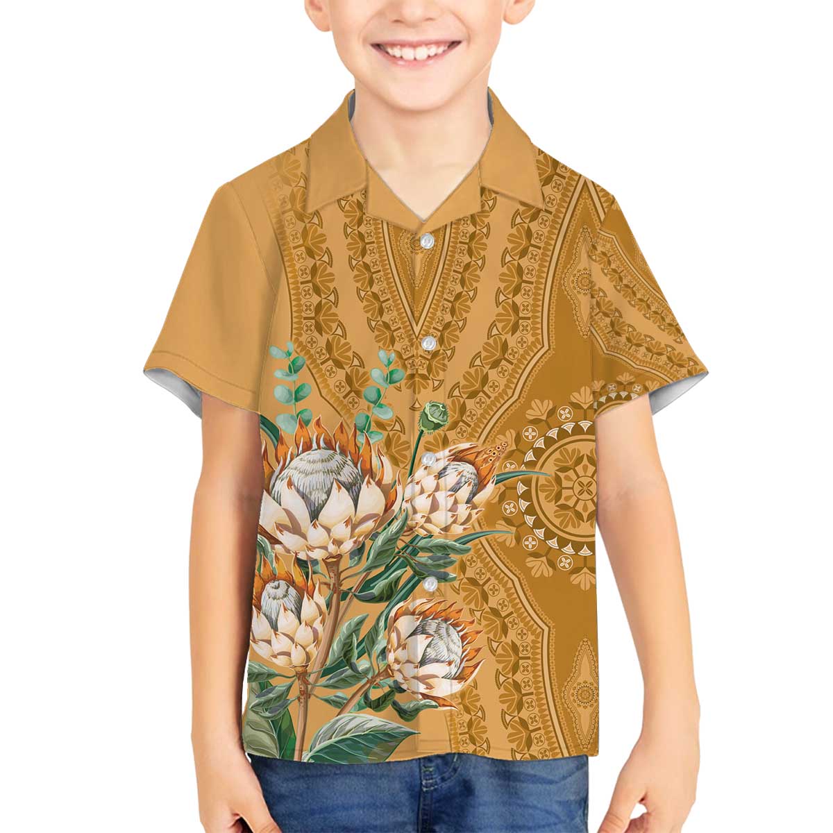 Africa King Proteas Dashiki Motif Family Matching Off Shoulder Short Dress and Hawaiian Shirt Gold Style LT9 - Wonder Print Shop