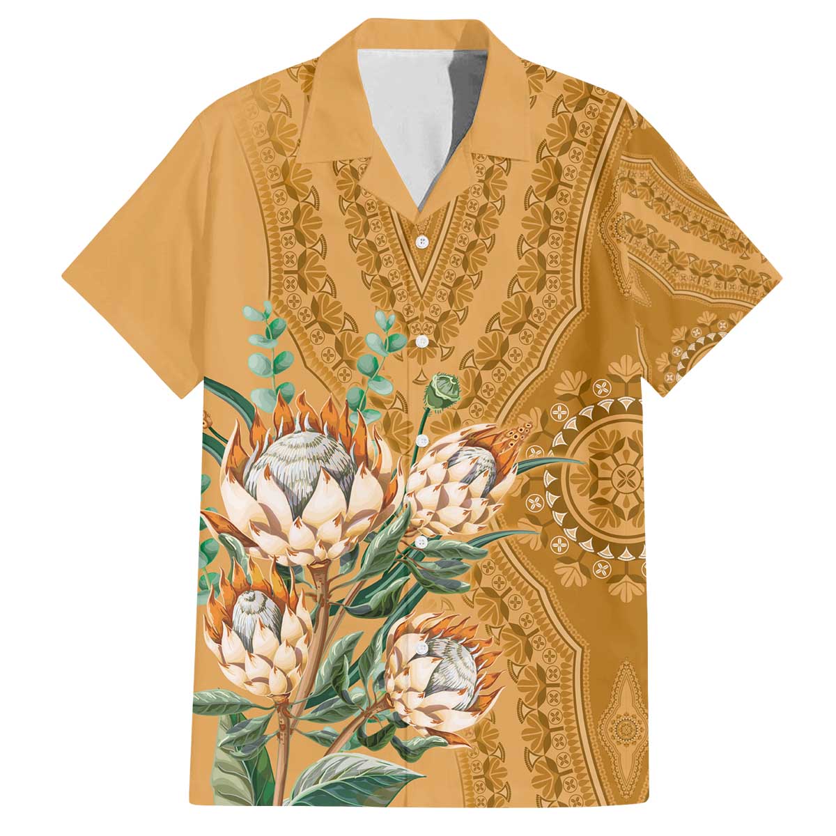 Africa King Proteas Dashiki Motif Family Matching Puletasi and Hawaiian Shirt Gold Style - Wonder Print Shop