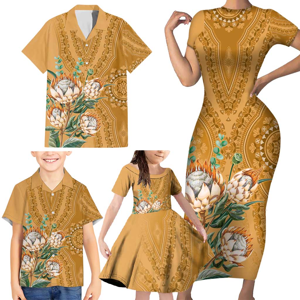 Africa King Proteas Dashiki Motif Family Matching Short Sleeve Bodycon Dress and Hawaiian Shirt Gold Style - Wonder Print Shop
