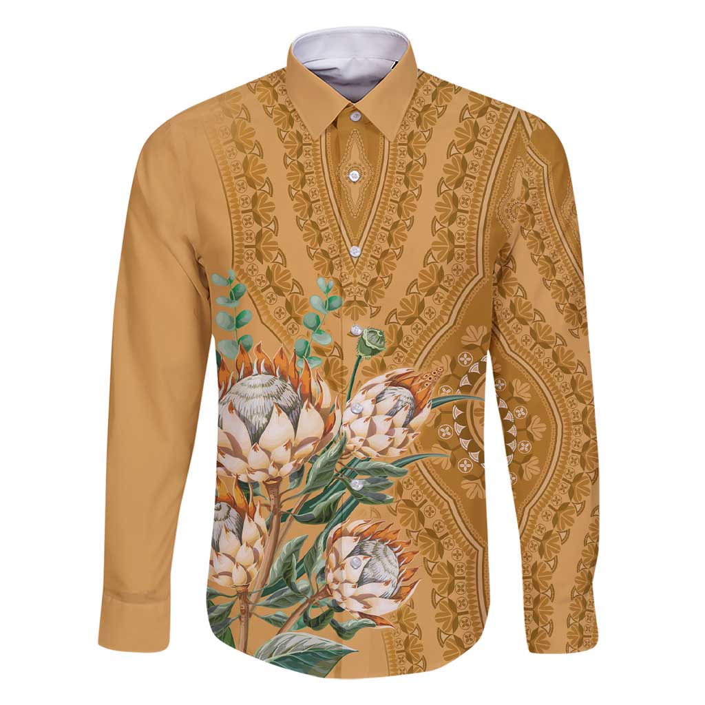 Africa King Proteas Dashiki Motif Family Matching Short Sleeve Bodycon Dress and Hawaiian Shirt Gold Style - Wonder Print Shop