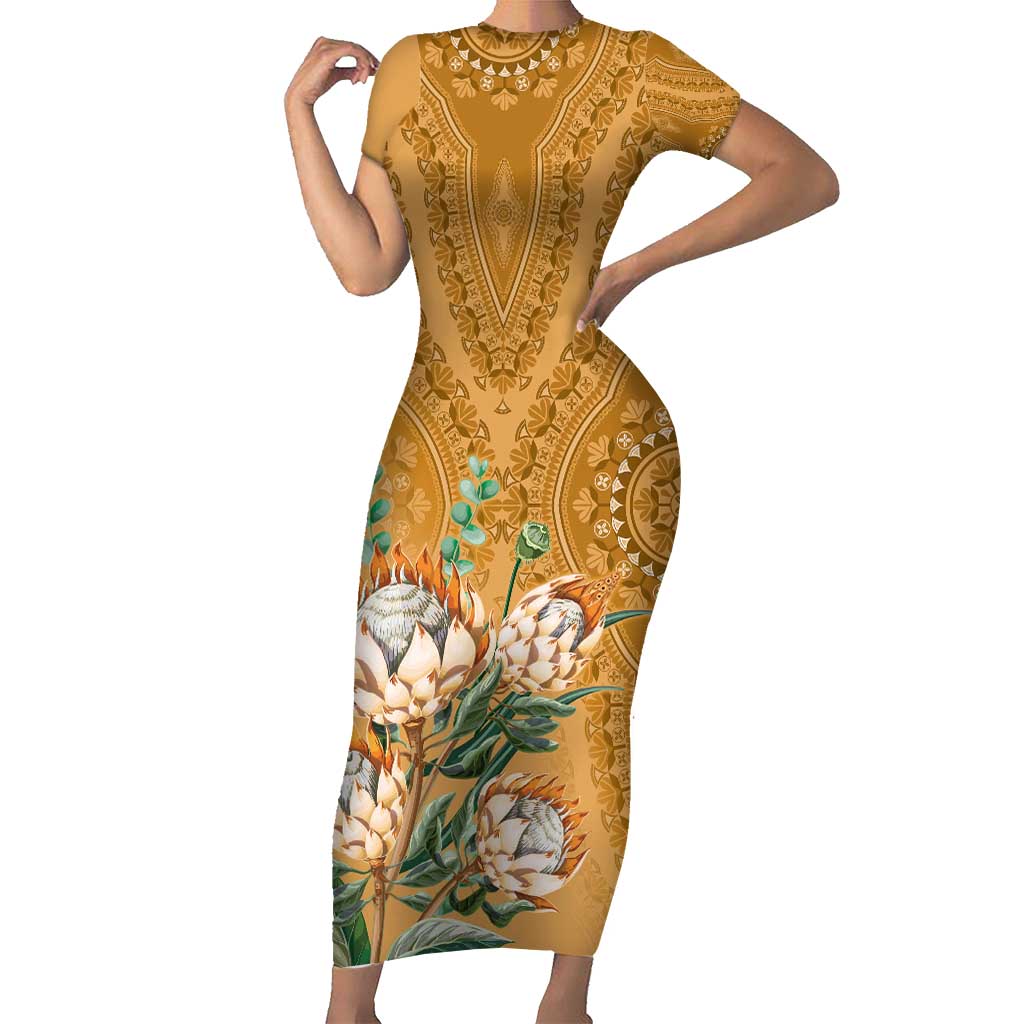 Africa King Proteas Dashiki Motif Family Matching Short Sleeve Bodycon Dress and Hawaiian Shirt Gold Style - Wonder Print Shop