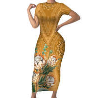 Africa King Proteas Dashiki Motif Family Matching Short Sleeve Bodycon Dress and Hawaiian Shirt Gold Style - Wonder Print Shop