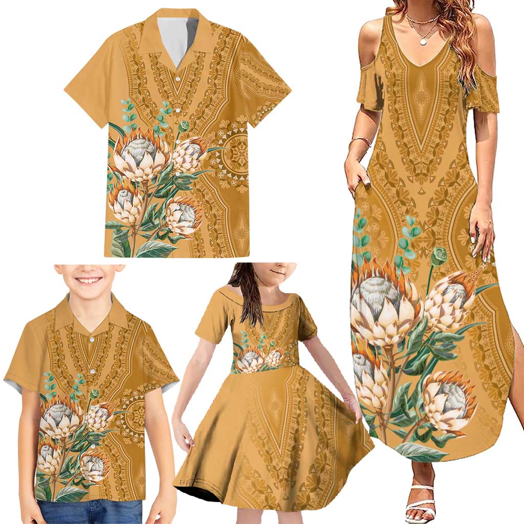 Africa King Proteas Dashiki Motif Family Matching Summer Maxi Dress and Hawaiian Shirt Gold Style - Wonder Print Shop