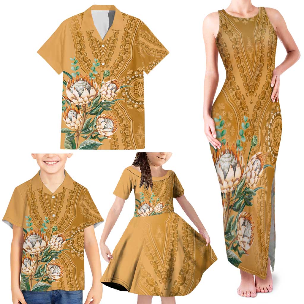 Africa King Proteas Dashiki Motif Family Matching Tank Maxi Dress and Hawaiian Shirt Gold Style - Wonder Print Shop