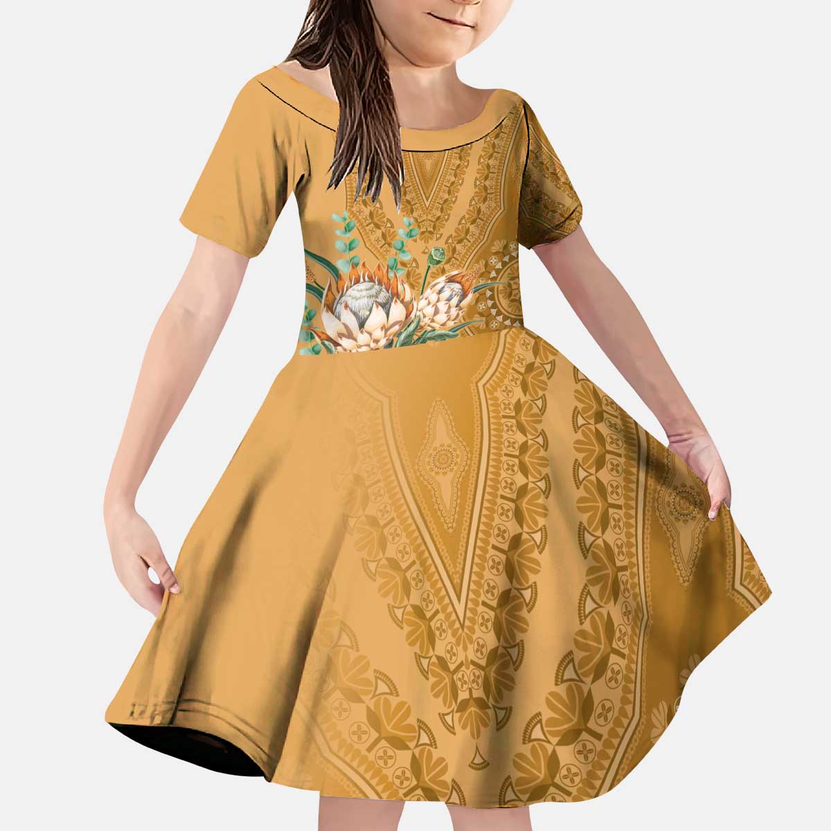 Africa King Proteas Dashiki Motif Kid Short Sleeve Dress Gold Style - Wonder Print Shop