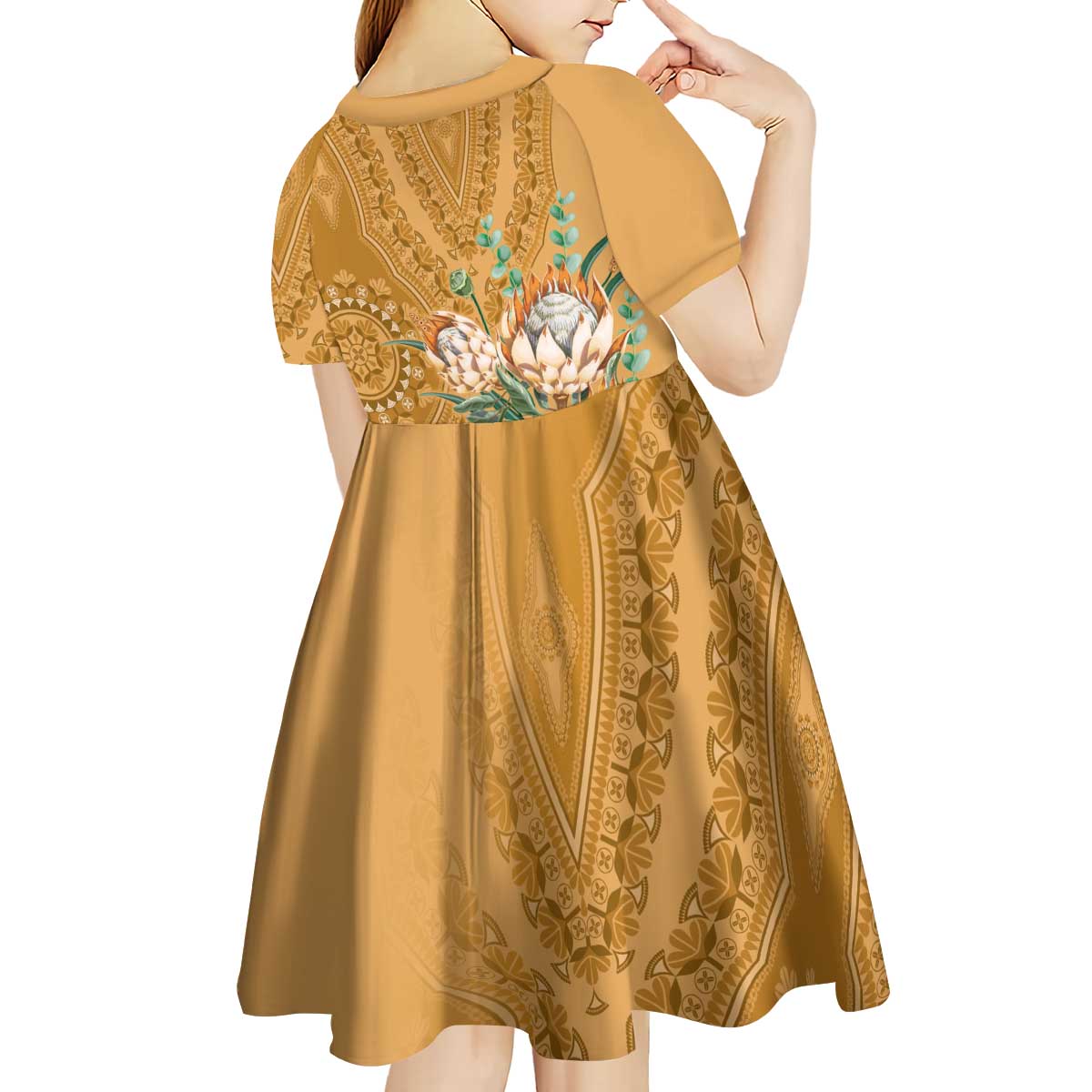 Africa King Proteas Dashiki Motif Kid Short Sleeve Dress Gold Style - Wonder Print Shop