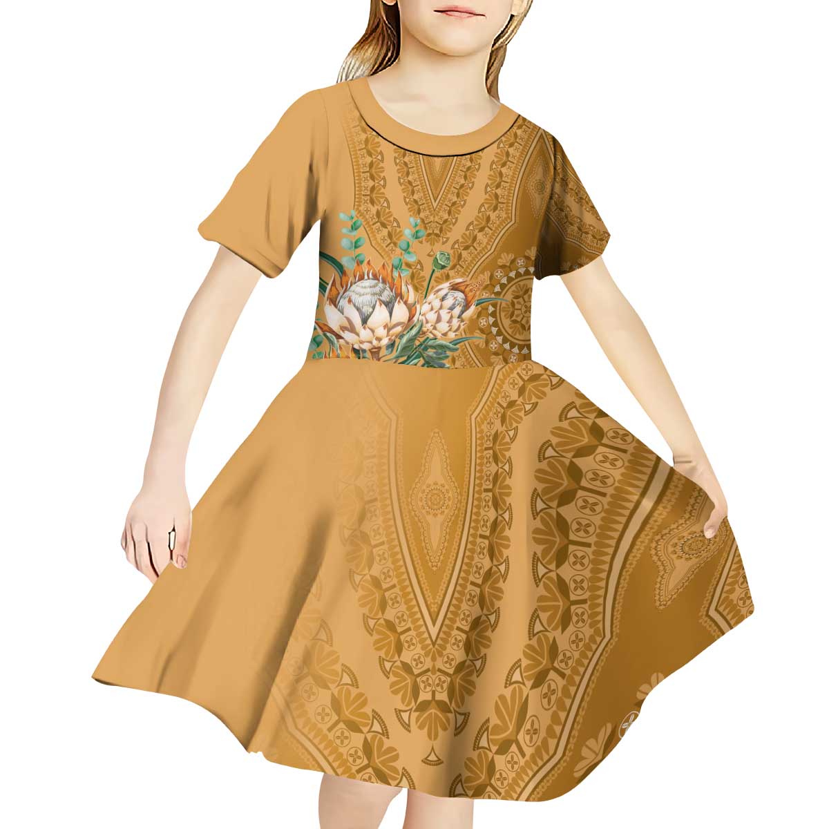 Africa King Proteas Dashiki Motif Kid Short Sleeve Dress Gold Style - Wonder Print Shop