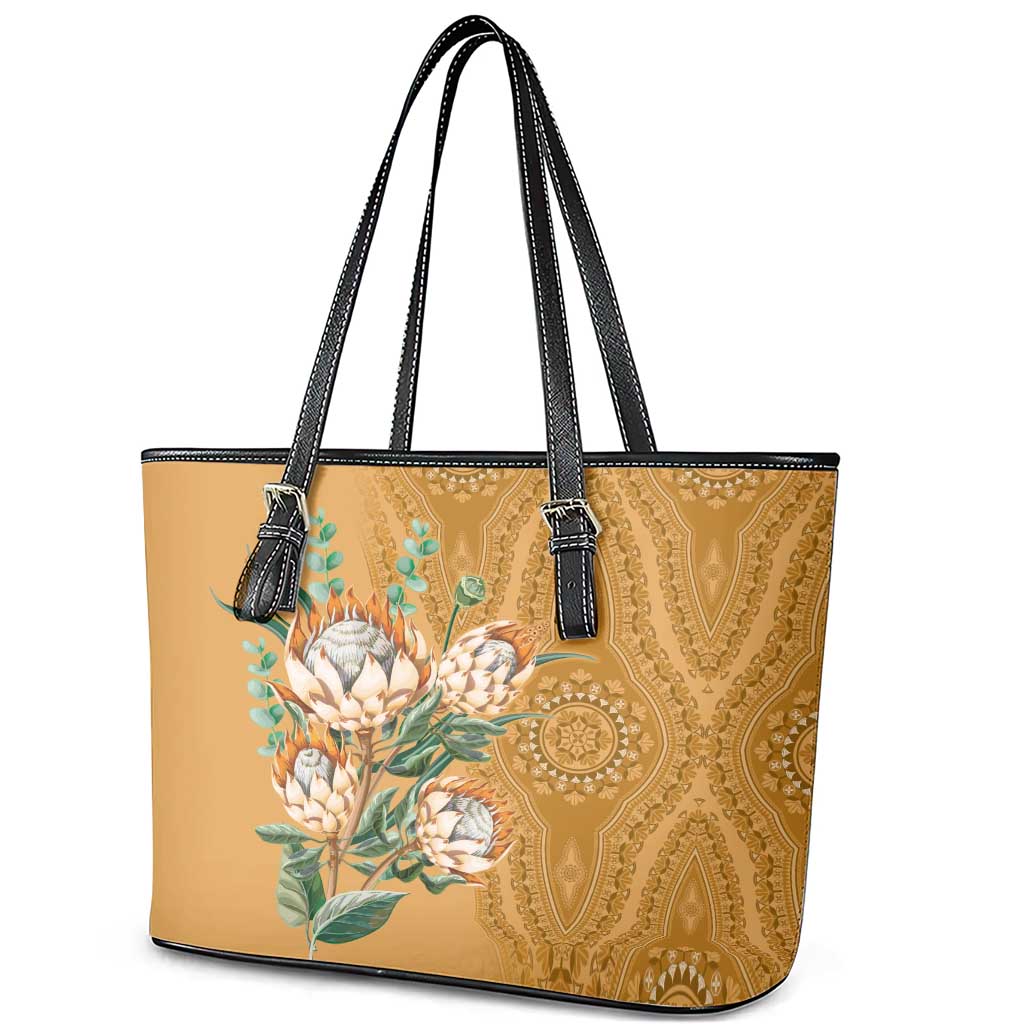 Africa King Proteas Dashiki Motif Leather Tote Bag Gold Style - Wonder Print Shop