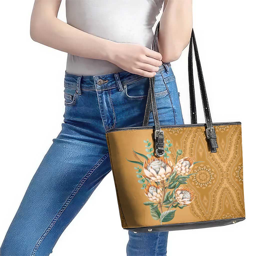 Africa King Proteas Dashiki Motif Leather Tote Bag Gold Style - Wonder Print Shop