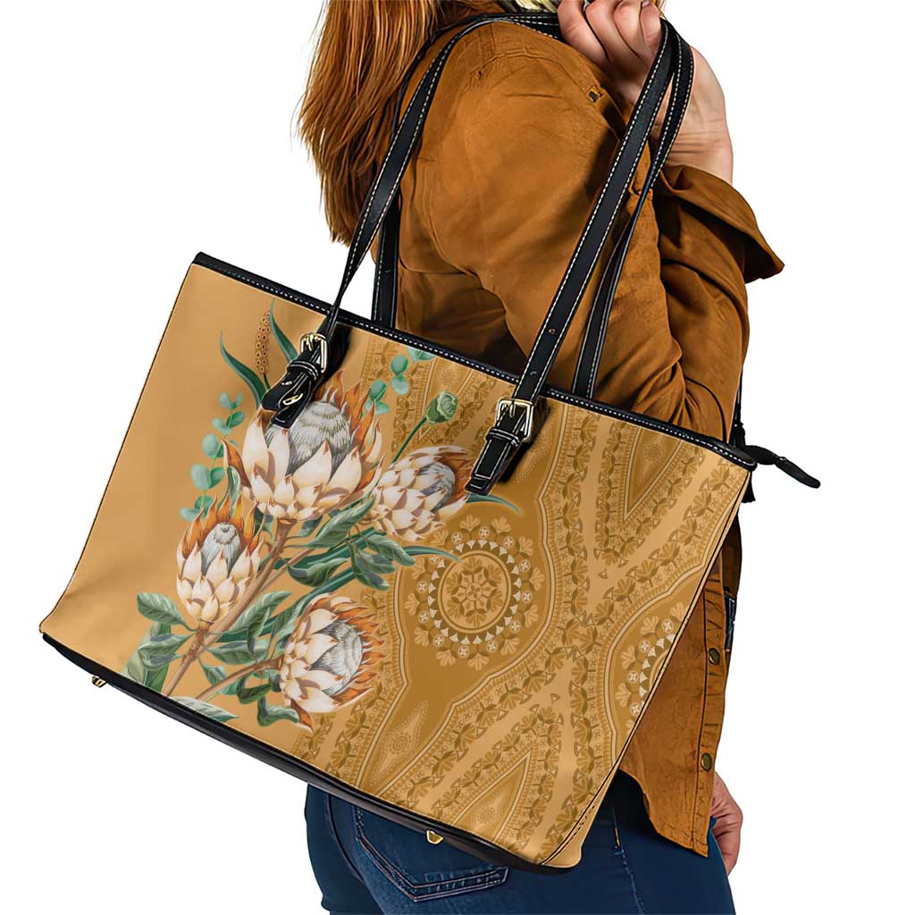 Africa King Proteas Dashiki Motif Leather Tote Bag Gold Style - Wonder Print Shop