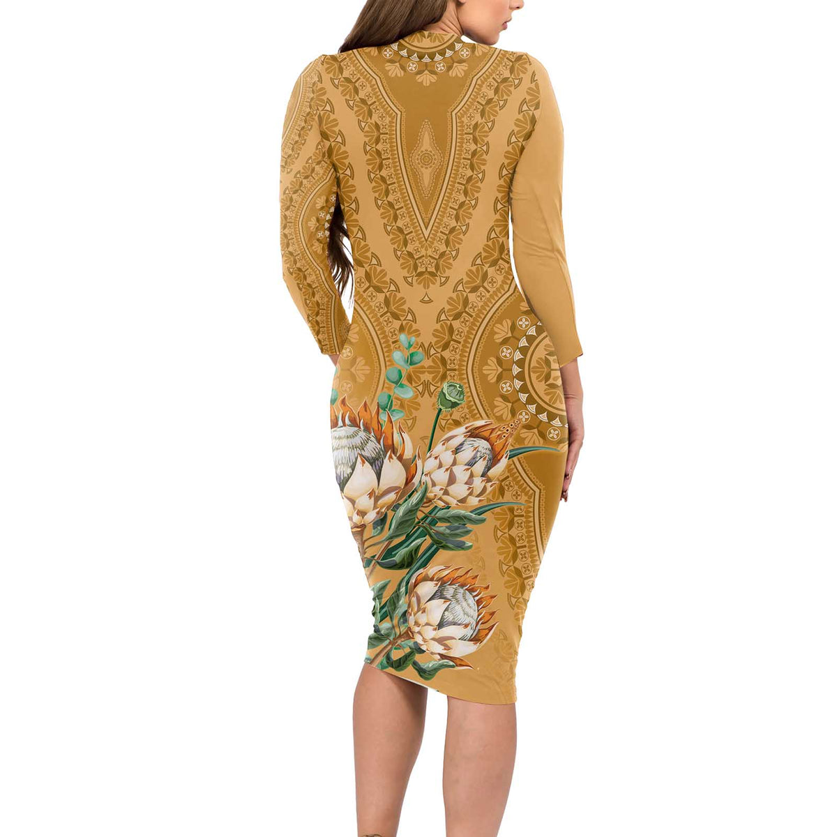 Africa King Proteas Dashiki Motif Long Sleeve Bodycon Dress Gold Style - Wonder Print Shop