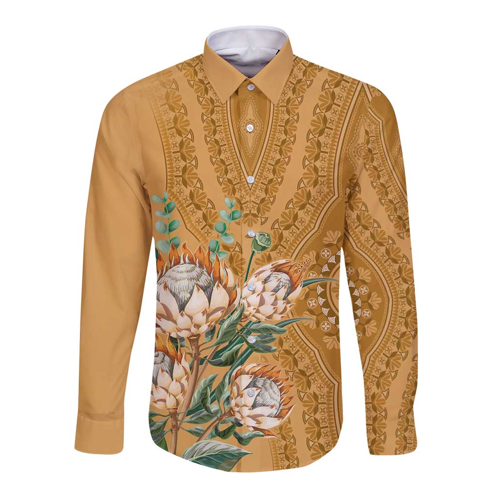 Africa King Proteas Dashiki Motif Long Sleeve Button Shirt Gold Style - Wonder Print Shop