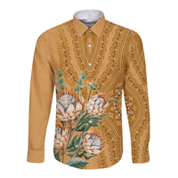 Africa King Proteas Dashiki Motif Long Sleeve Button Shirt Gold Style - Wonder Print Shop