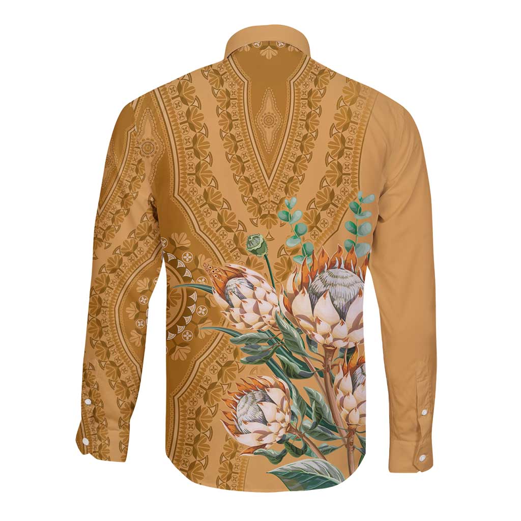 Africa King Proteas Dashiki Motif Long Sleeve Button Shirt Gold Style - Wonder Print Shop