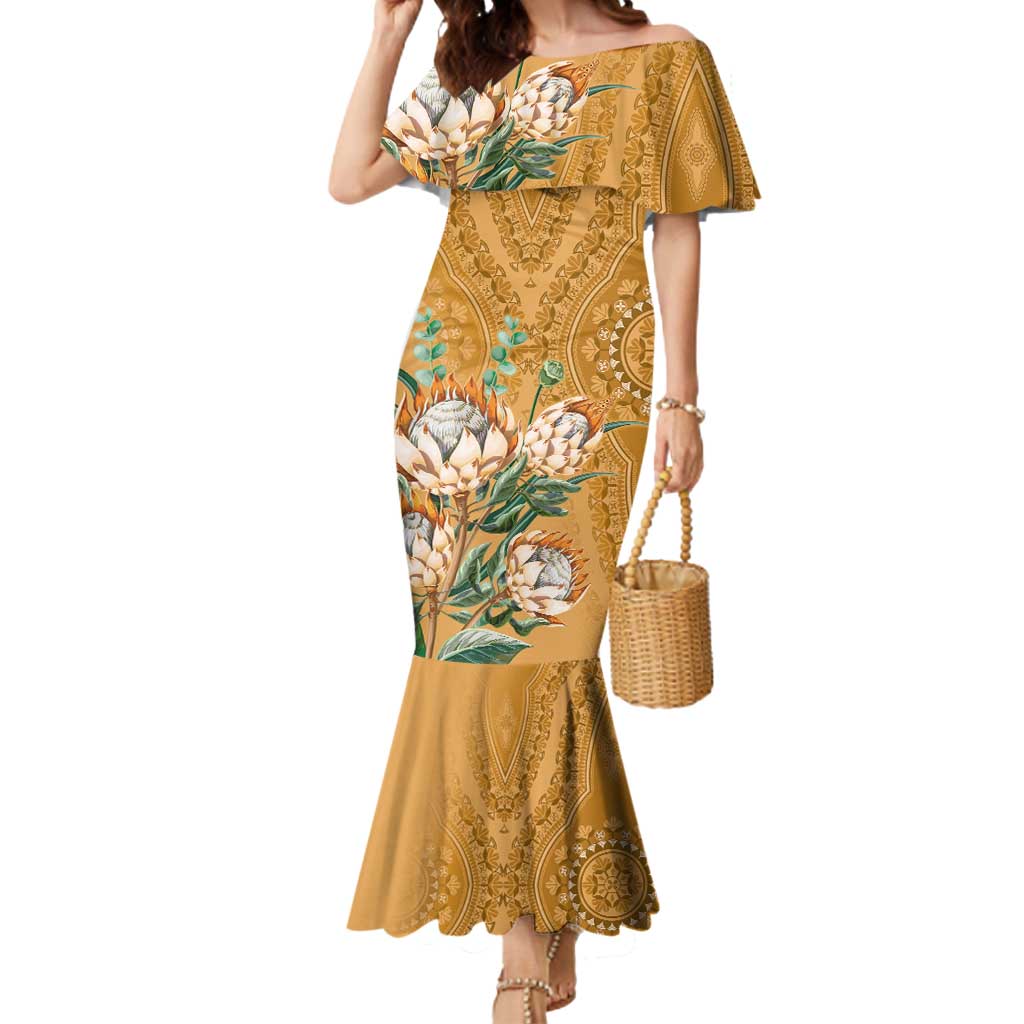 Africa King Proteas Dashiki Motif Mermaid Dress Gold Style - Wonder Print Shop