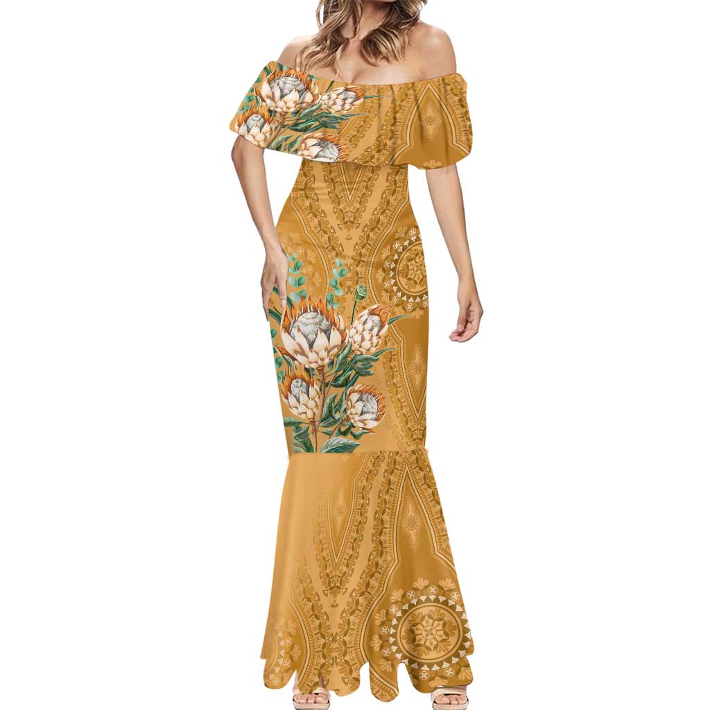 Africa King Proteas Dashiki Motif Mermaid Dress Gold Style - Wonder Print Shop