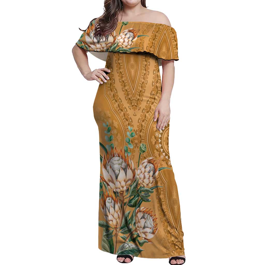 Africa King Proteas Dashiki Motif Off Shoulder Maxi Dress Gold Style - Wonder Print Shop