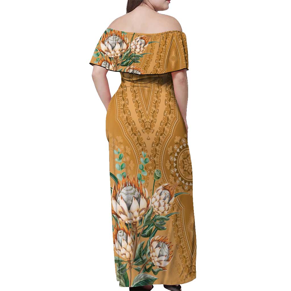 Africa King Proteas Dashiki Motif Off Shoulder Maxi Dress Gold Style - Wonder Print Shop