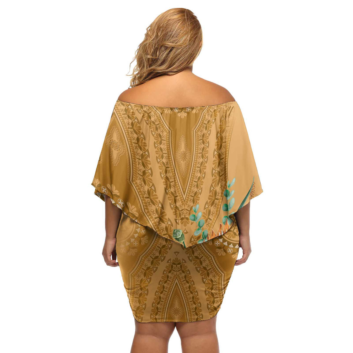 Africa King Proteas Dashiki Motif Off Shoulder Short Dress Gold Style - Wonder Print Shop