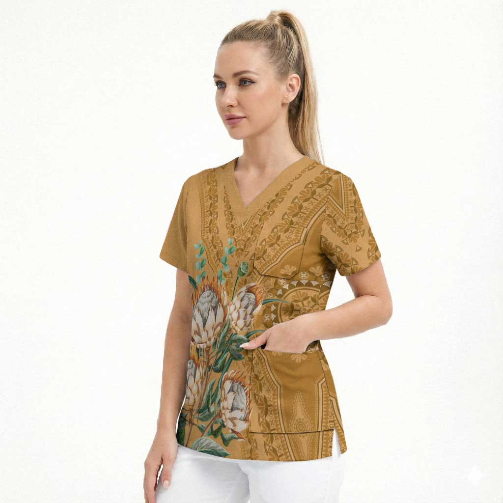 Africa King Proteas Dashiki Motif Scrub Top Gold Style