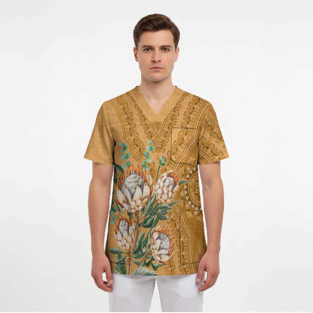 Africa King Proteas Dashiki Motif Scrub Top Gold Style